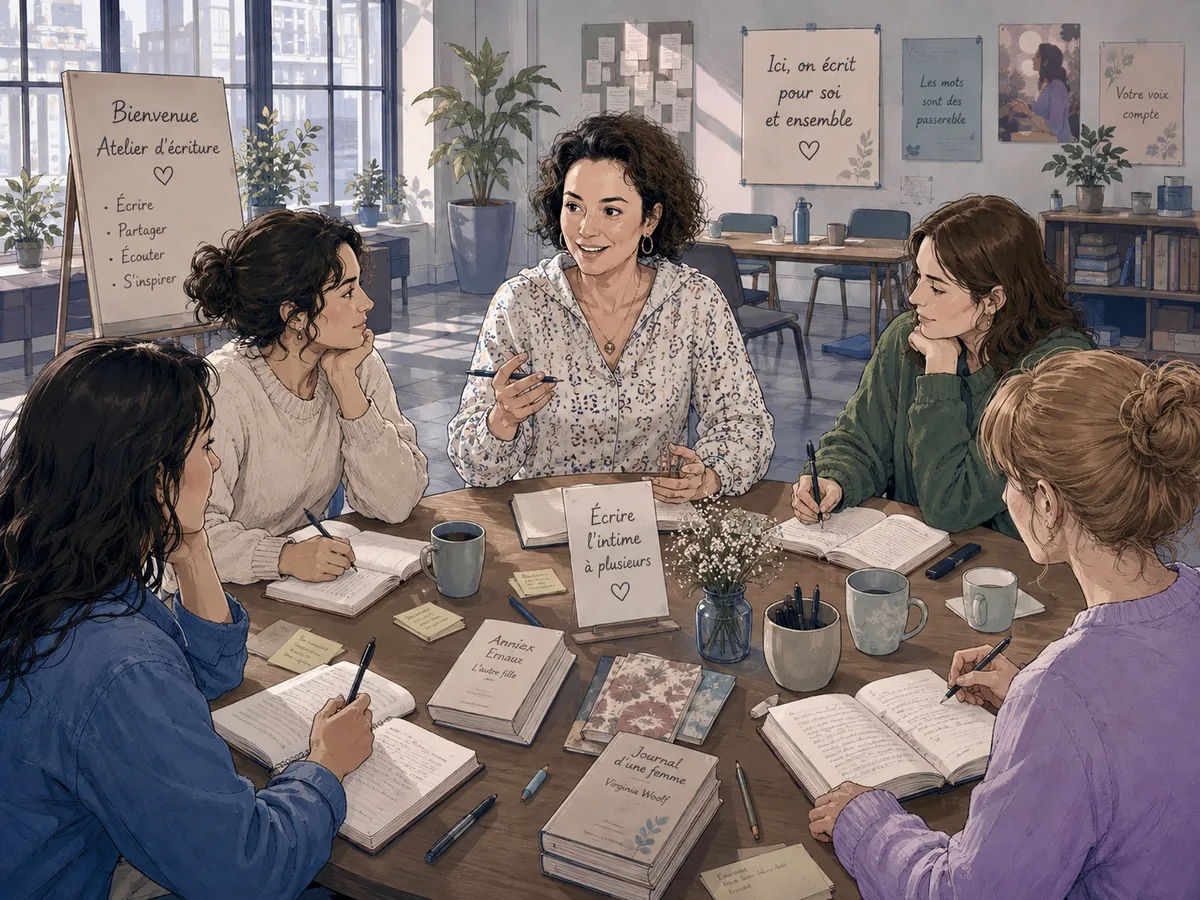 Un groupe de femmes réunies autour d'une grande table, carnets ouverts, pendant un atelier d'écriture