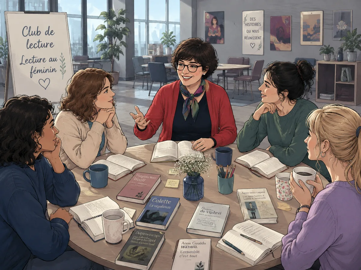 Un club de lecture, livres ouverts autour d'une table