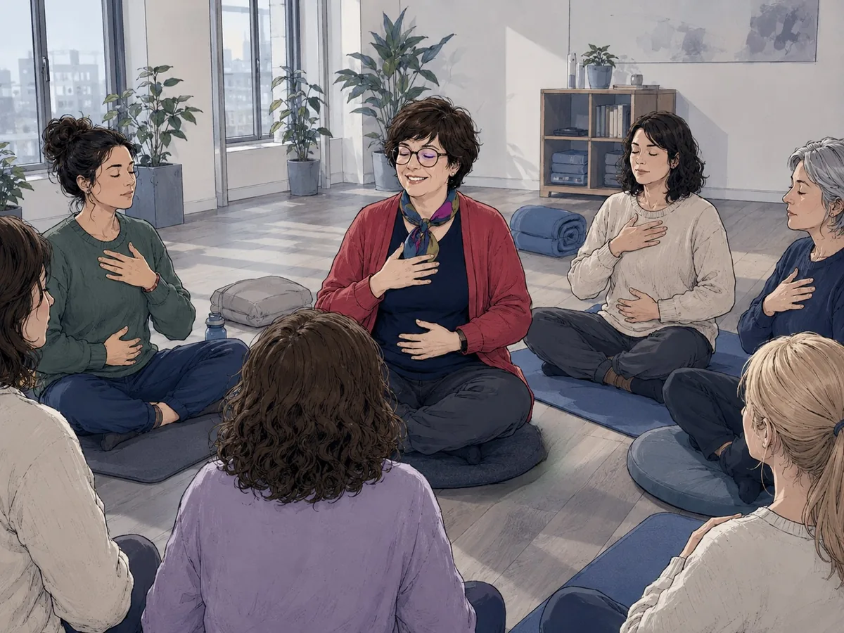 Un cercle de personnes assises en tailleur pendant une séance de sophrologie