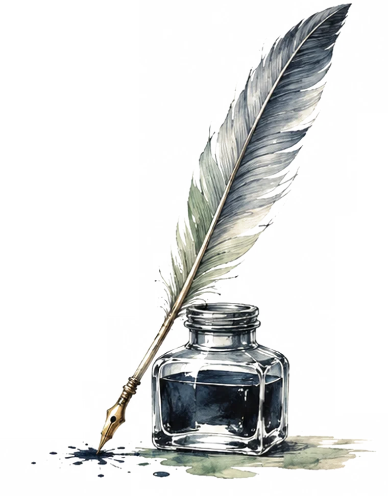 Aquarelle d'une plume d'oie posée sur un encrier